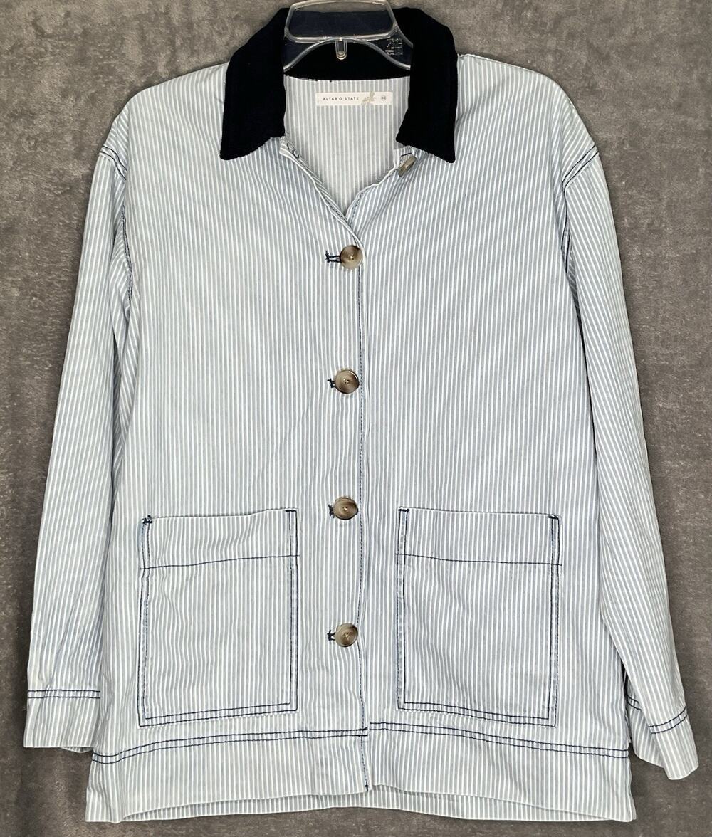 Altar’d State Womens XS Blue & White Striped Jacket W/ Corduroy Collar New W Tag